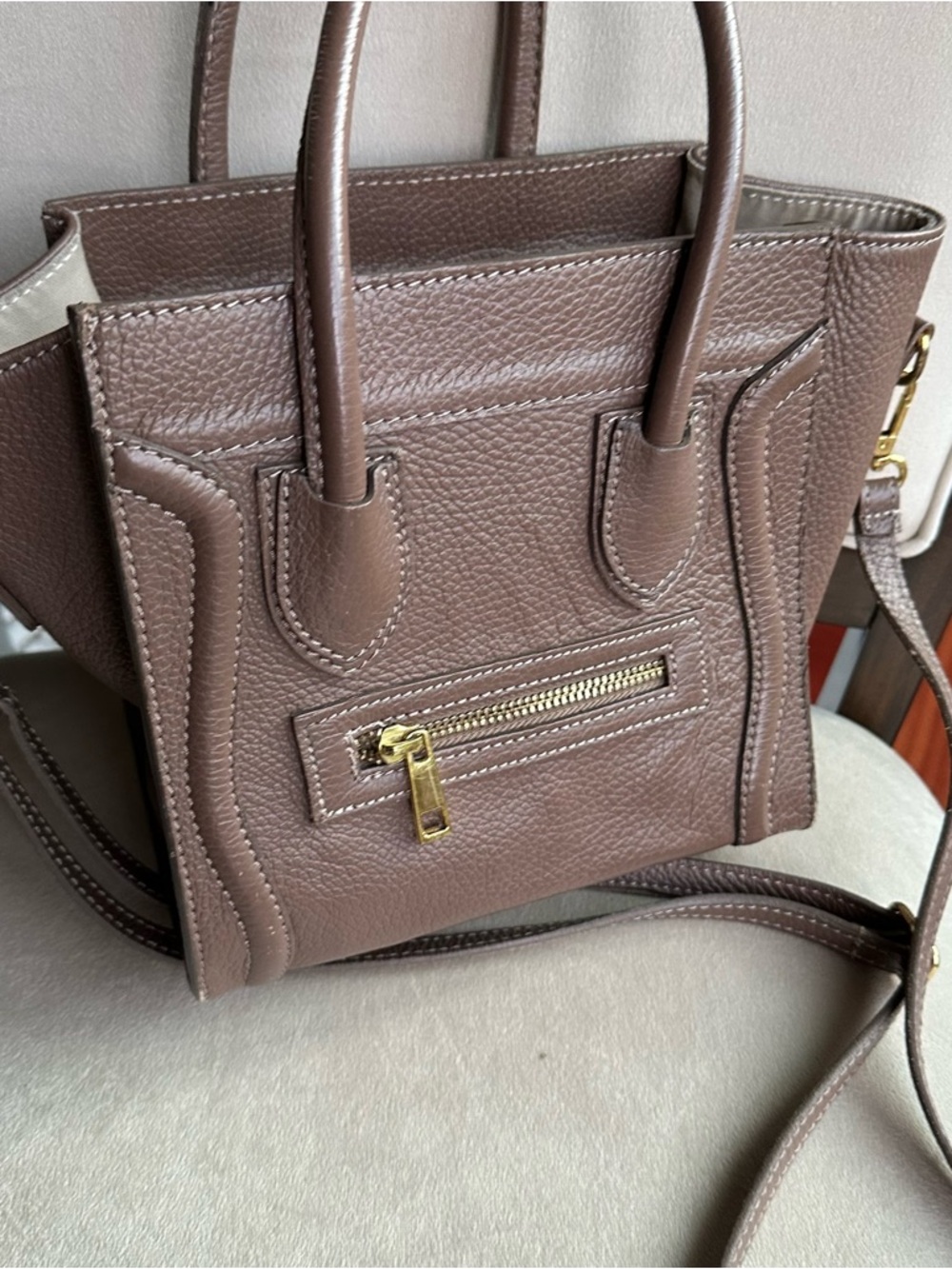 Genuine Leather Mini Satchel Taupe Brown | Crossbody Top Handle | Structured Bag - Picture 9 of 16